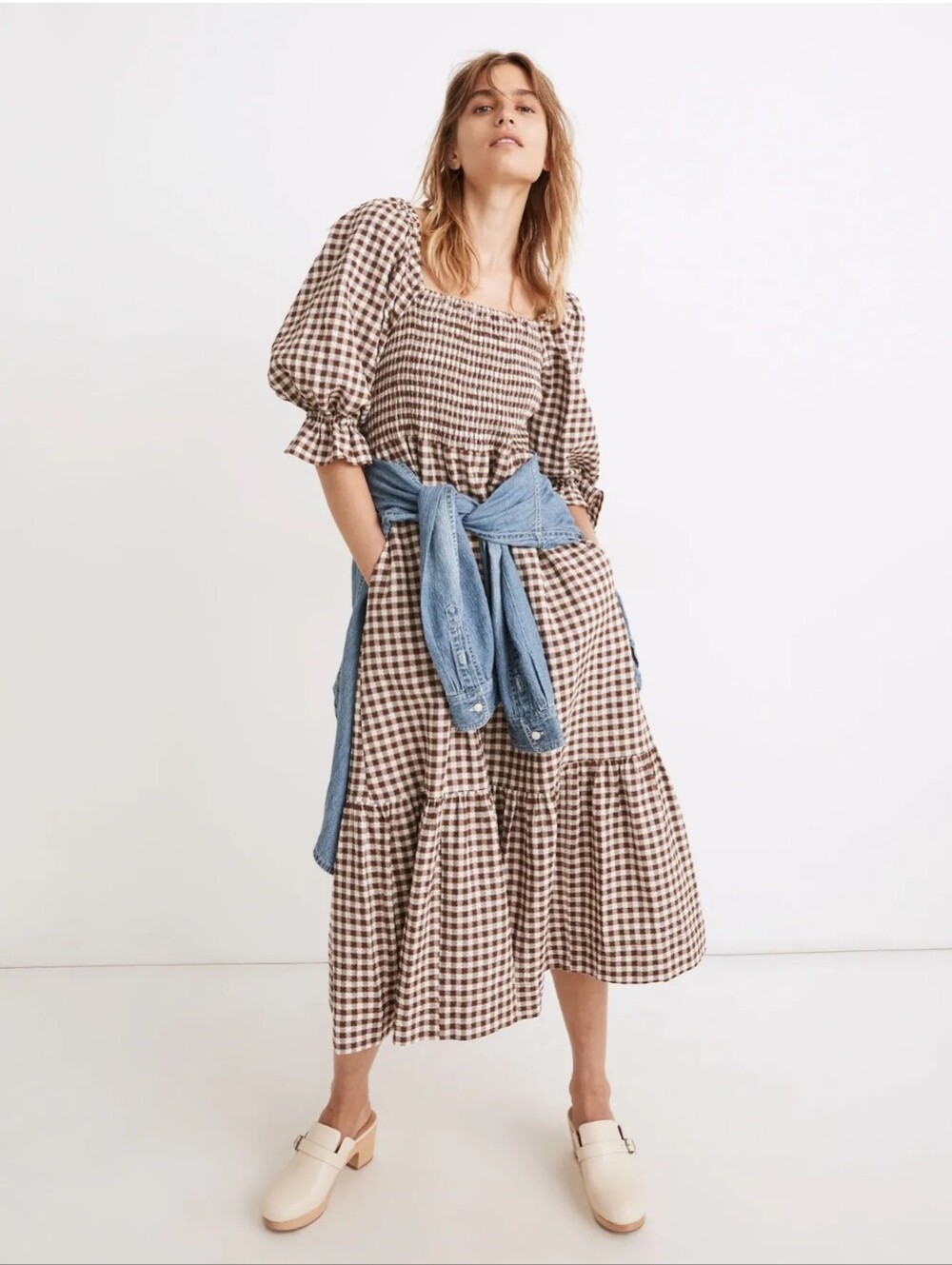 Madewell Lucie Elbow-Sleeve Smocked Midi Dress Brown Gingham Large